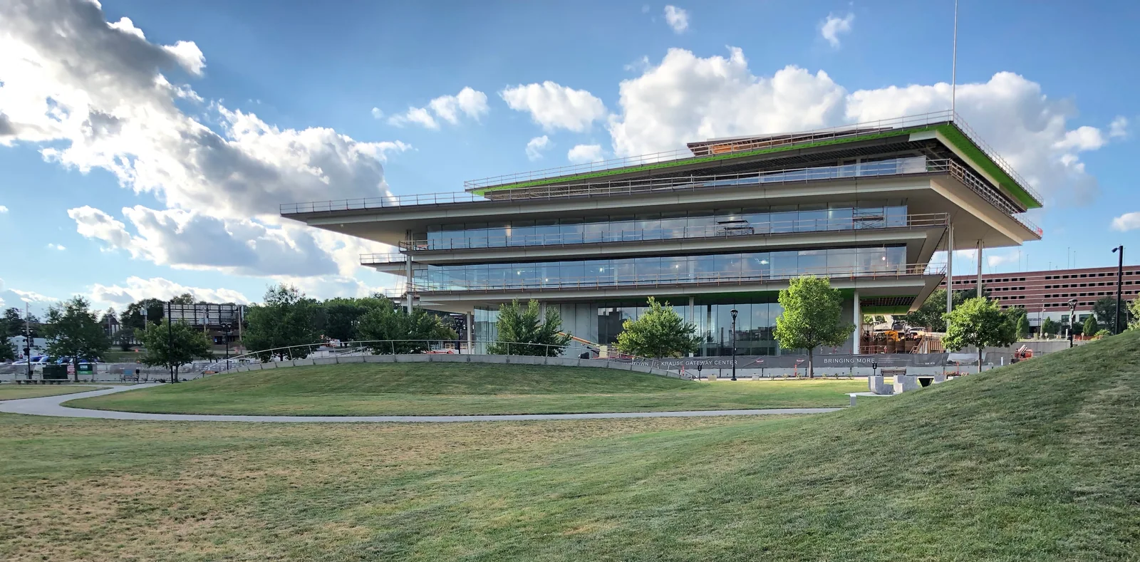 Modern architecture and lawns in the Western Gateway area of Des Moines