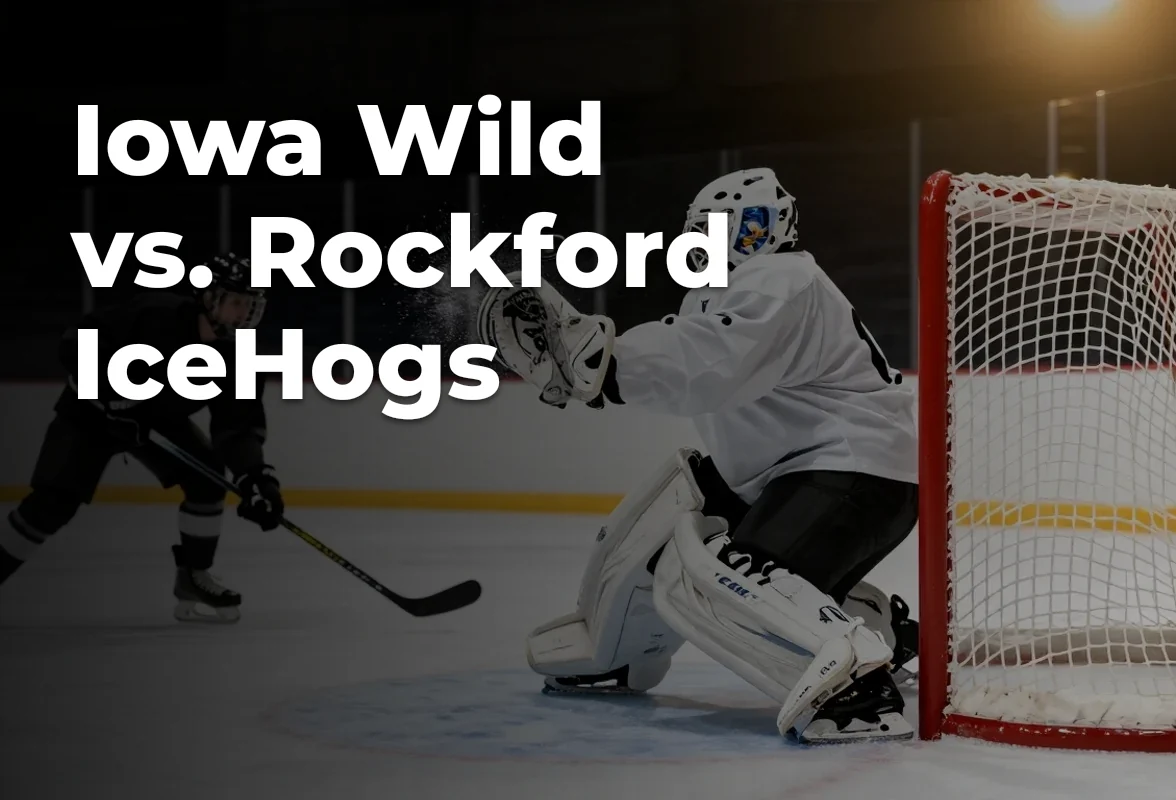 Concept illustration of anonymous athletes for Iowa Wild vs. Rockford IceHogs; not a photograph of actual teams or players