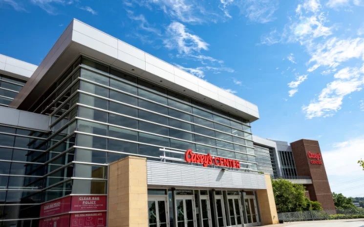 Casey’s Center entrance with current red arena signage
